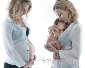 Composition with the same person duplicate face to face with a white shirt one holding her pregnancy belly and other holding her baby