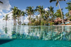 over under shot with Tokoriki swimming pool in the bottom and palm tress in the top in Fiji by Anais Photography