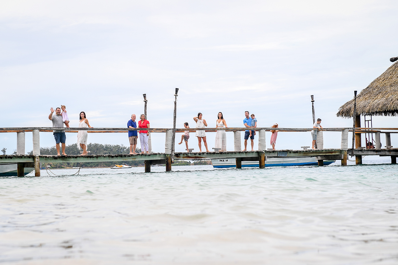 3 generations Extended family at pier in Malolo Island Resort Fiji family photoshoot