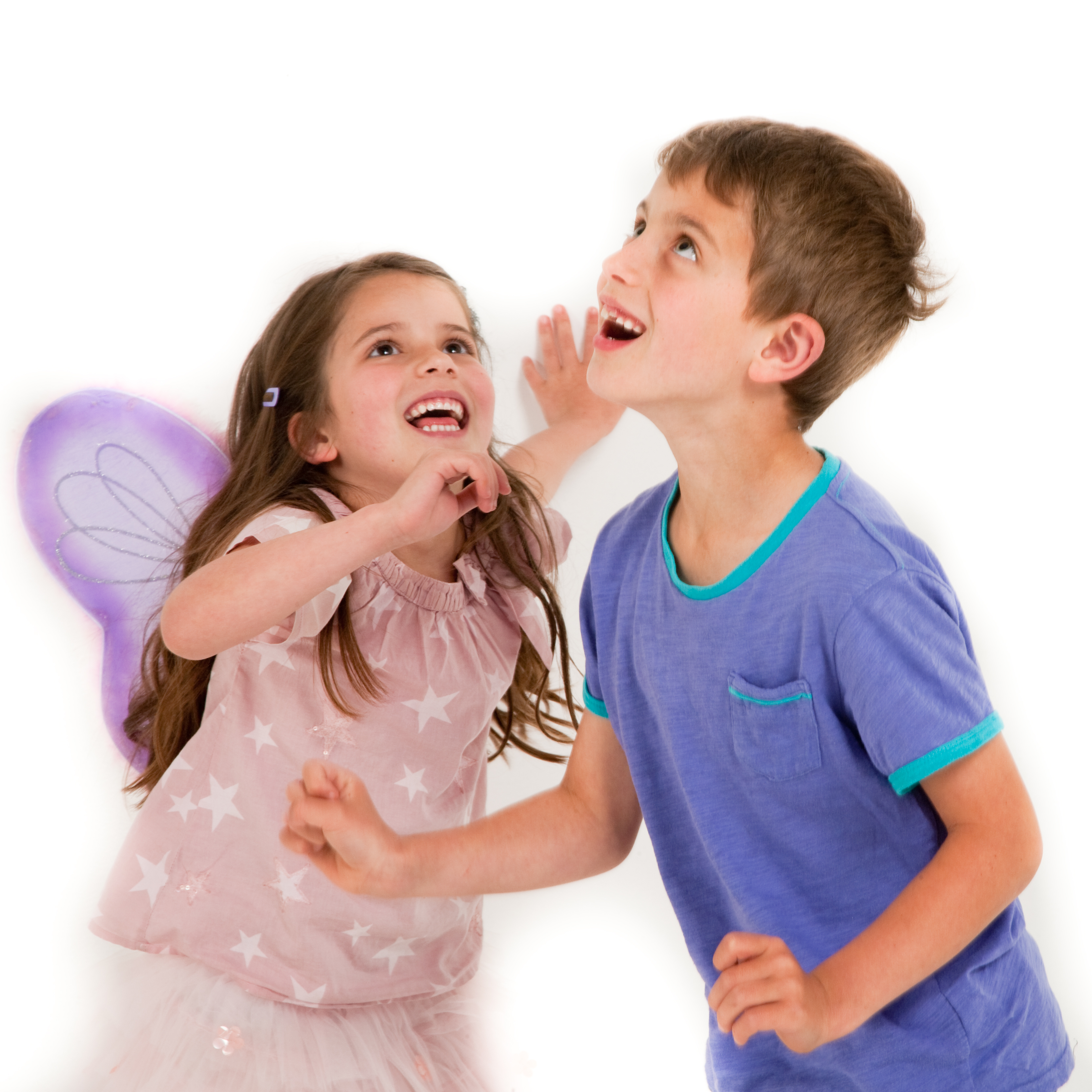 girl dressed up as a butterfly playing with his brother lots of fun