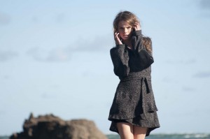 Clare from Nova model Agency, Auckland, NZ, wearing Selector clothing. Fashion photoshoot in Whatipu beach, Waitekere range