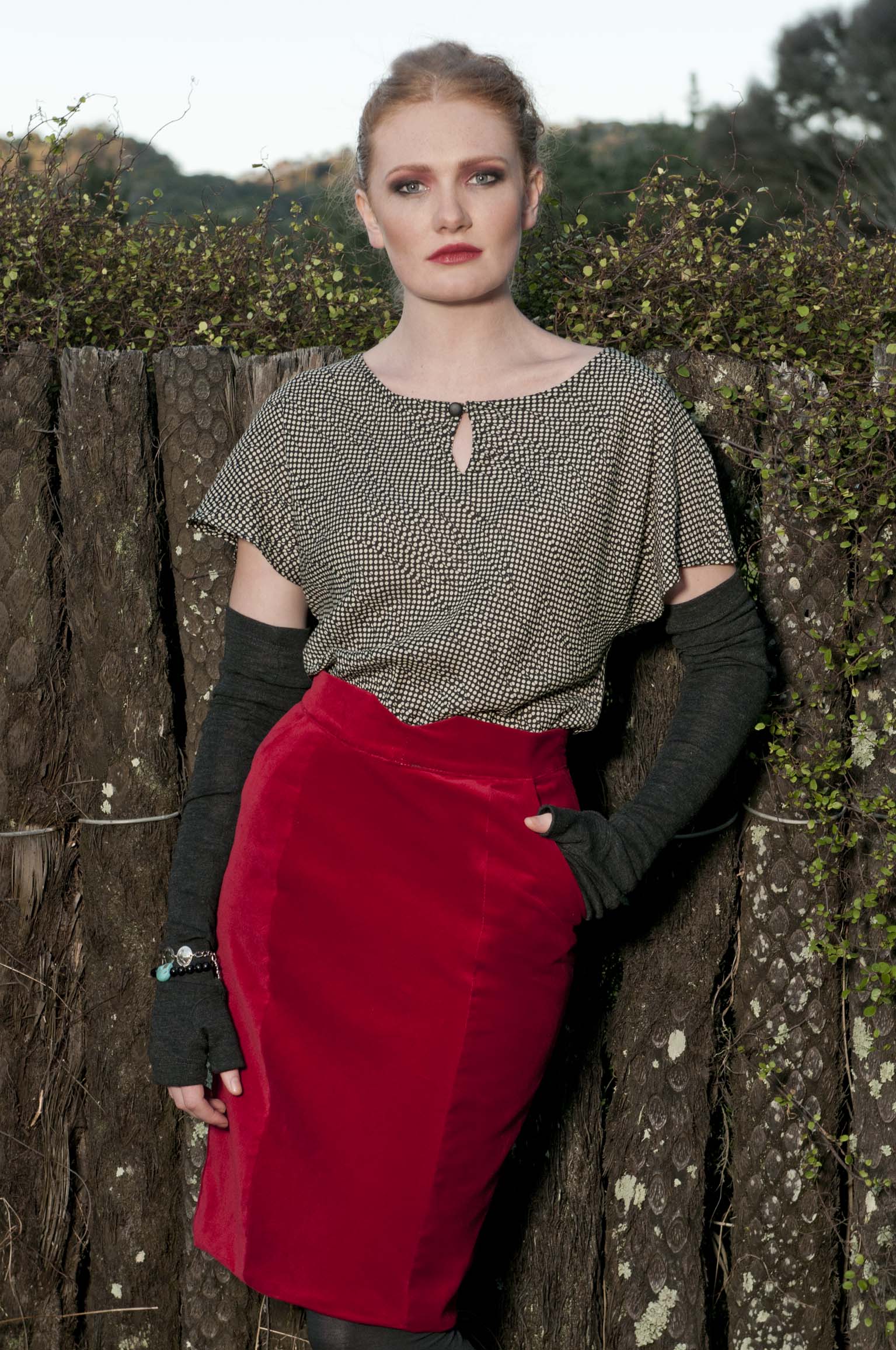 Red tight skirt and red lipstick. Photo by Anais Chaine Photography Auckland, NZ, wearing Selector clothing. Fashion photoshoot in Bethells, Waitekere range