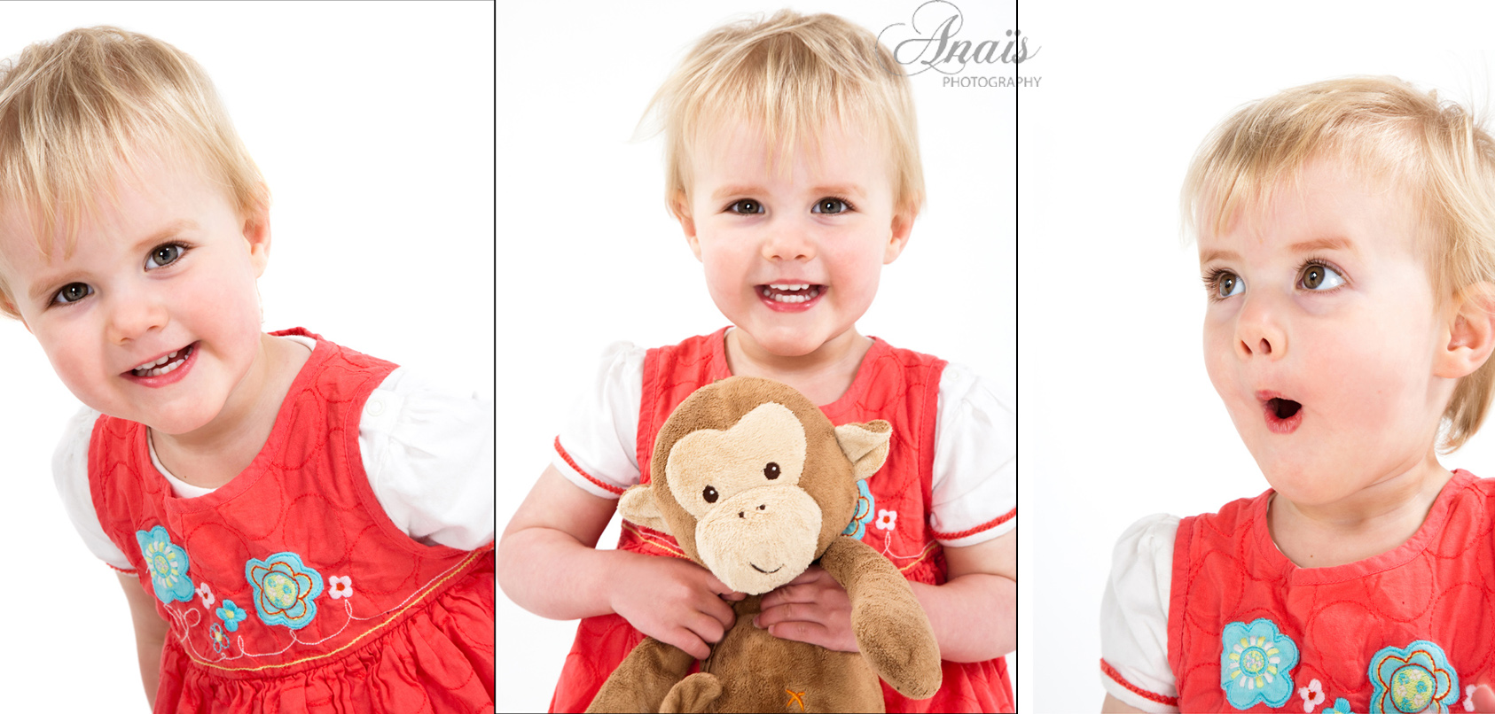 Portrait of a toddler little girl dressed in red holding her monkey toy professional studio photography by Anais Chaine in Auckland Ponsonby New Zealand