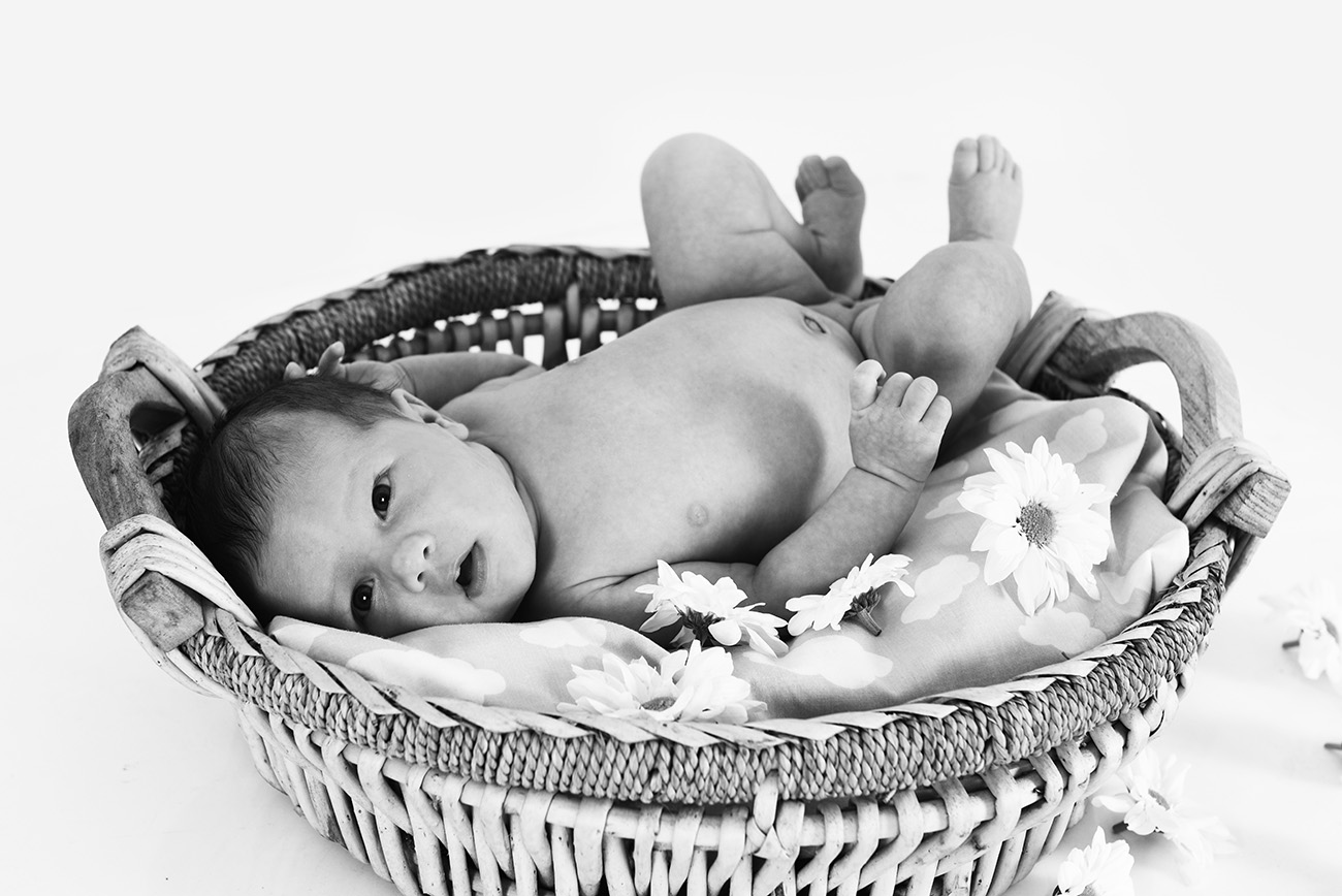 Black and white baby laying down in wicker basket with flowers
