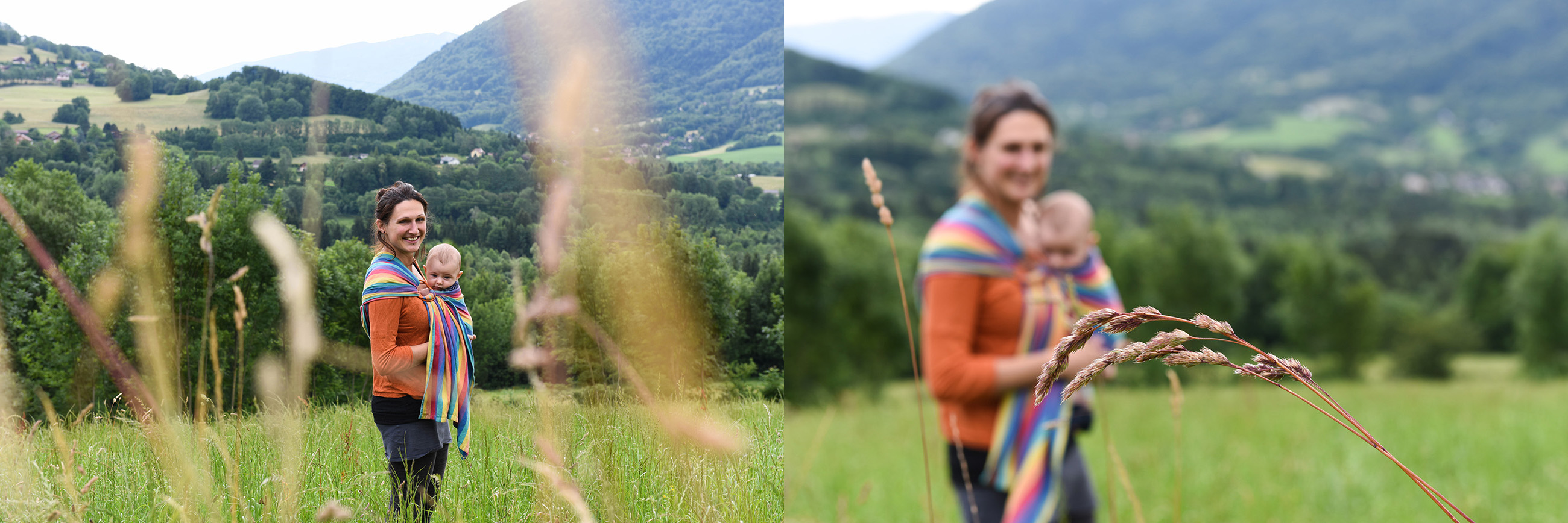 Diptych In a beautiful landscape and high grass a mommy holding her young baby with a scarf