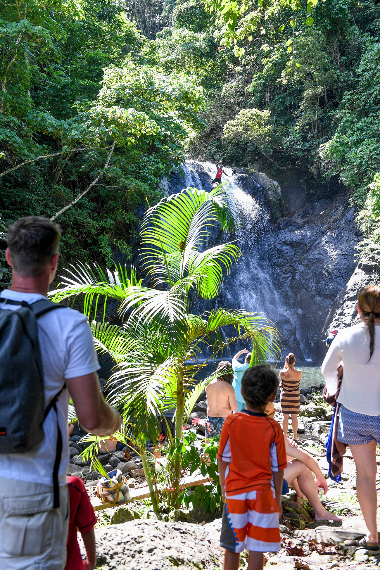 Family on vacation in Fiji walk towards waterfall