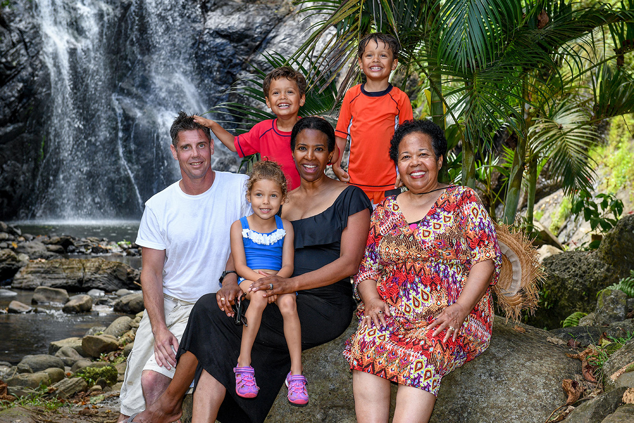 Family portrait with grandma in Fiji tropical rainforest