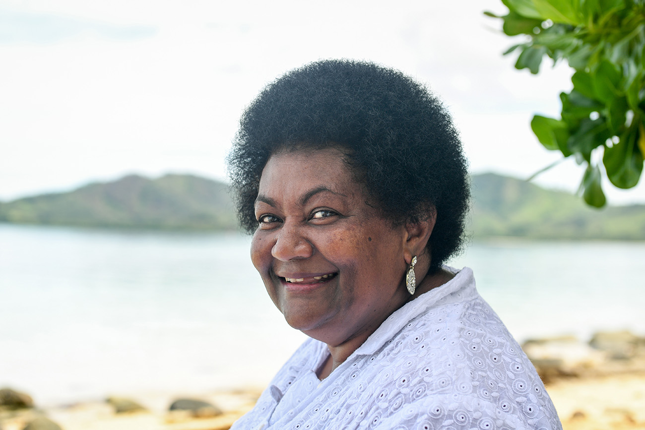 Polynesian grandma with large afro in Fiji
